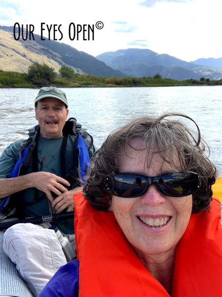 Frank & Lisa selfie on the Yellowstone River with the mountains in the background.
