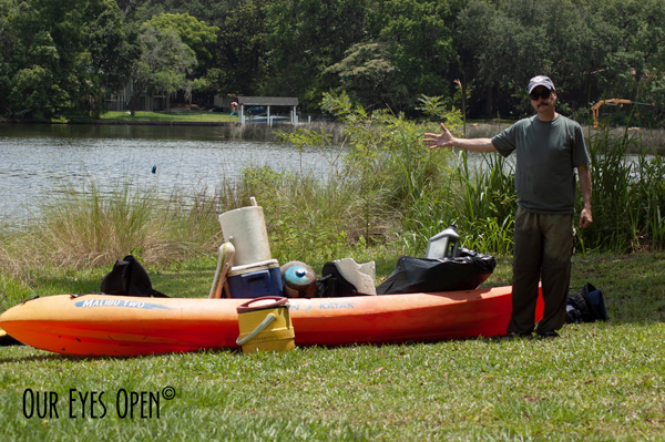 Frank showing all his trash possessions that he rescued from the St. Johns River.  Took more than 3/4 of the kayak space to bring it all in.