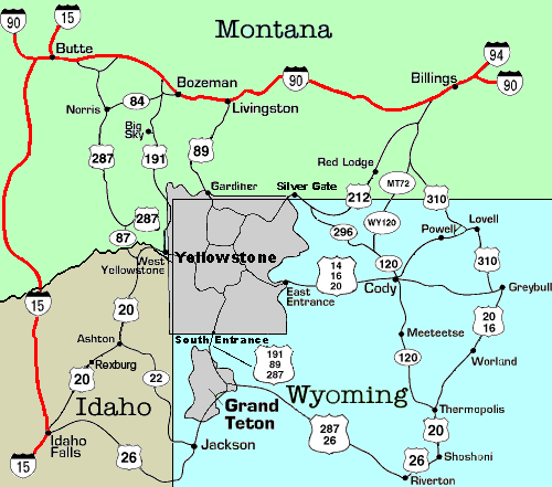Map of Idaho, Montana, Wyoming showing the West Yellowstone entrance into Yellowstone National Park.
