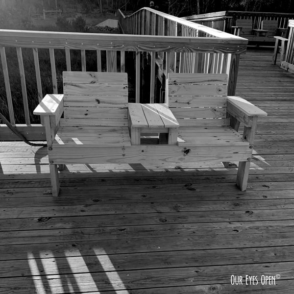 Wooden seats attached to the new wooden trail bridge at Cedar Point, Jacksonville, Florida.