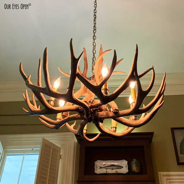Chandelier made of deer antlers in a family home in Cedartown, Georgia.