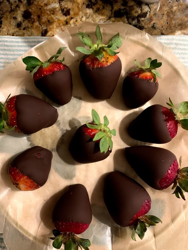 Chocolate covered organic strawberries that had been picked earlier that day.