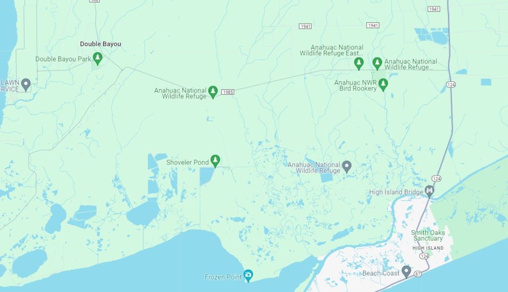 Map of Anahuac National Wildlife Refuge in South Texas near the Gulf of Mexico.